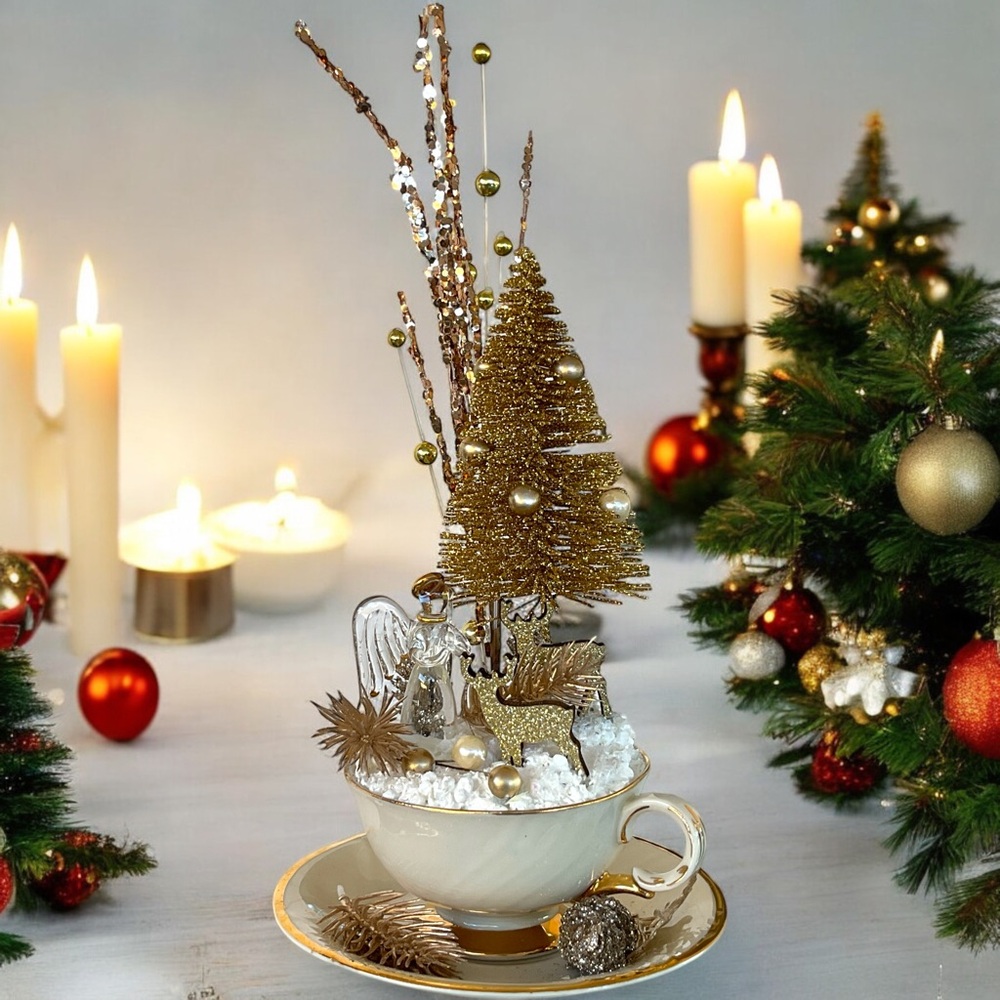 Christmas Home Decor Teacup Diorama Centerpiece Gift Idea Rare Porcelain Teacup